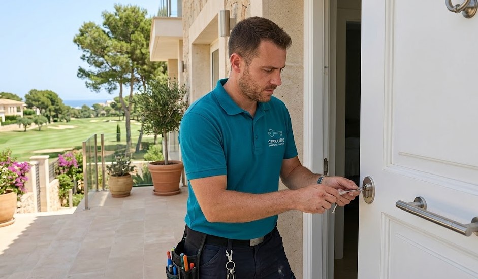 Cerrajero instalando cerradura de seguridad en villa en Santa Ponsa